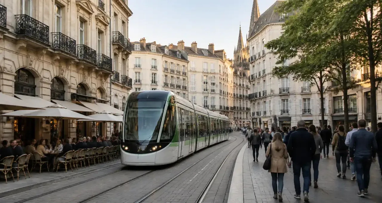 Tramway dans une rue du quartier Bouffay à Nantes