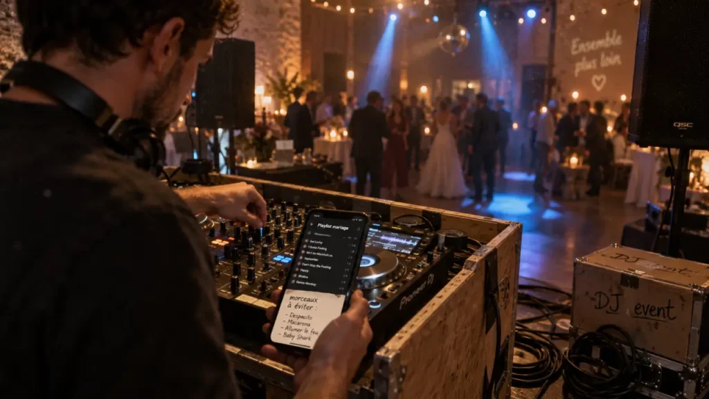 DJ Nantes ajuste sa table de mixage, préparation 8 à 12 mois pour sécuriser la date